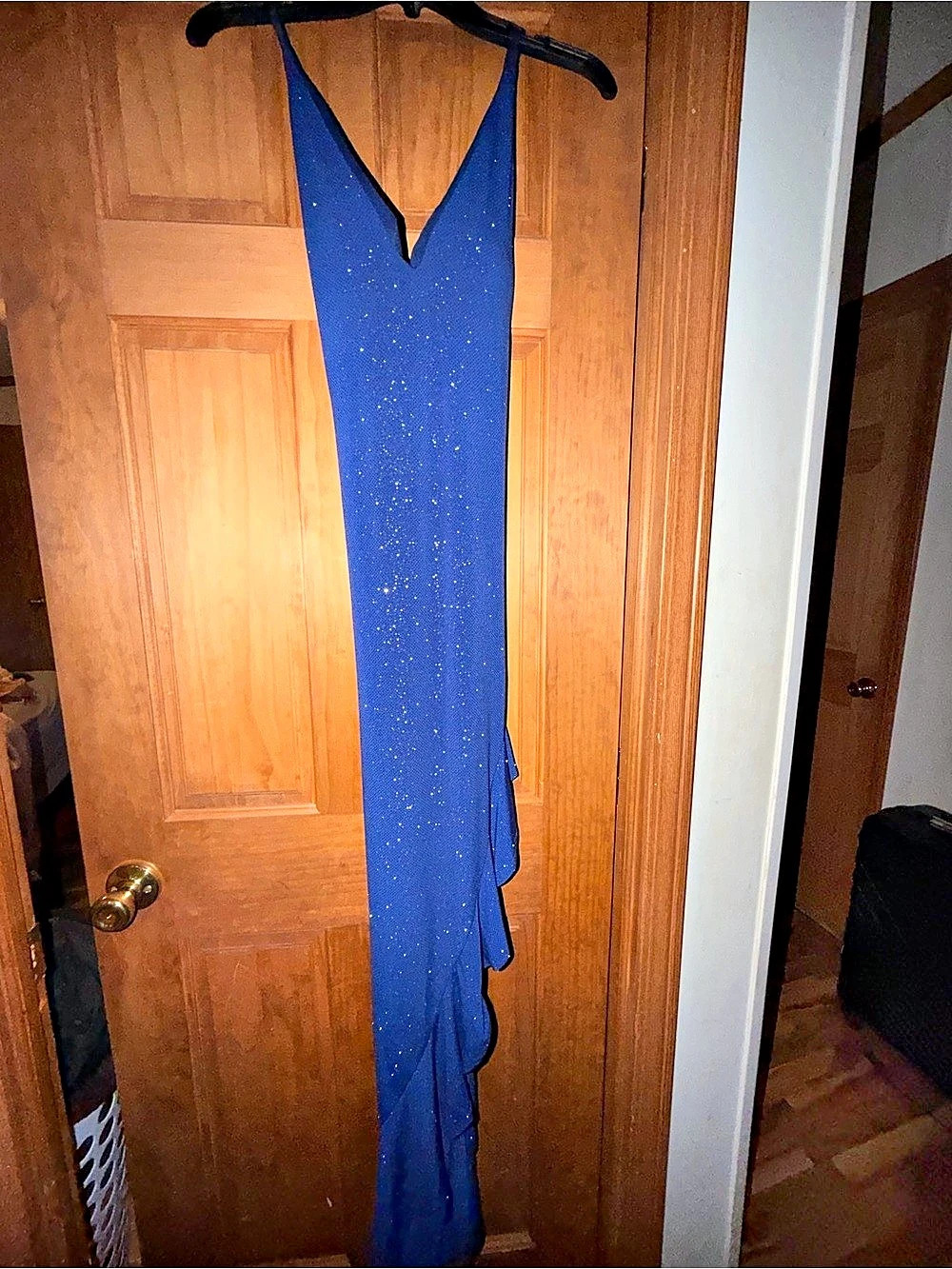 Radiante Couture Royal Blue Shimmer Maxi Gown with Leg Slit - Size 13/14